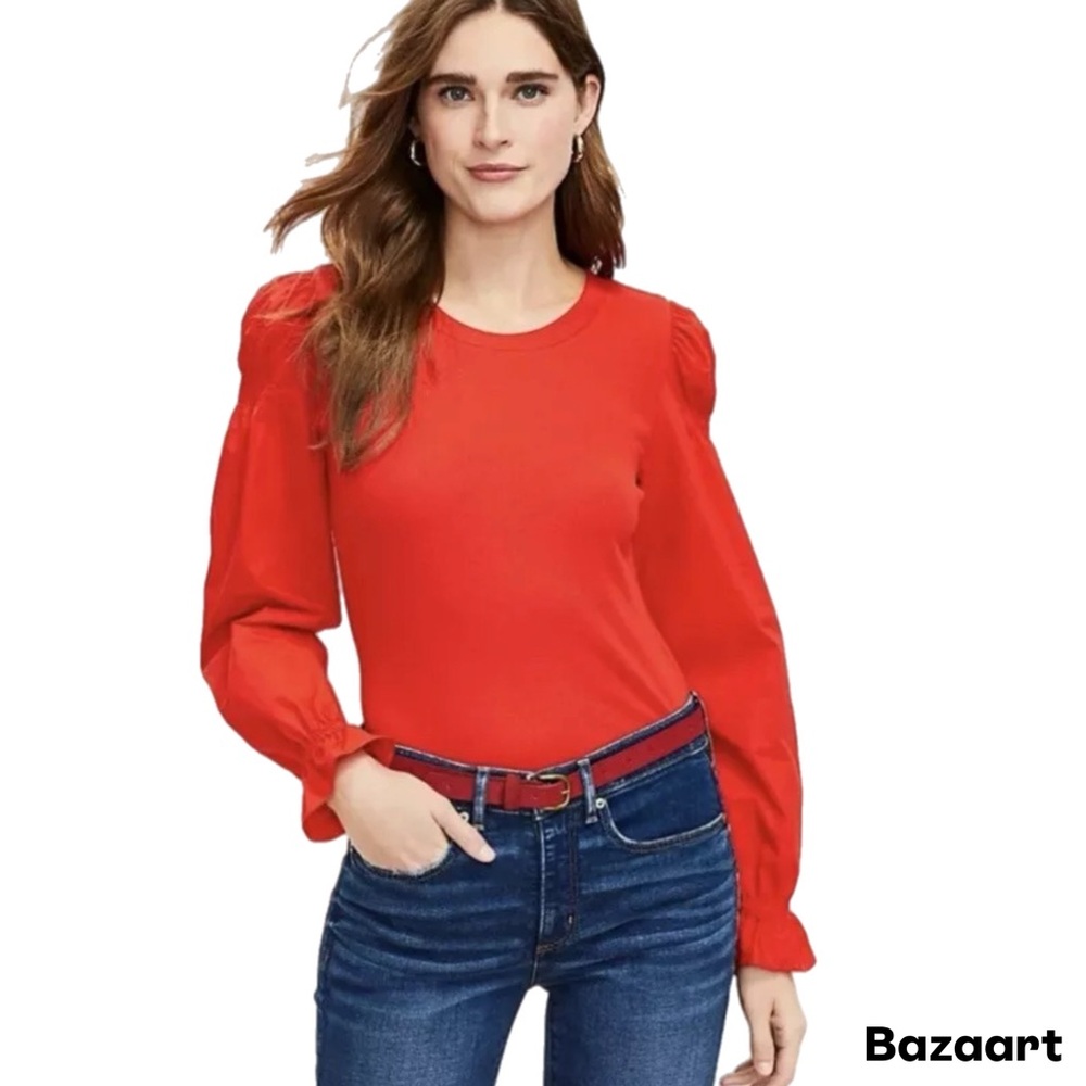 SZ XL LOFT Peasant Sleeve Mixed Media Sweater Blouse - Viva Red
